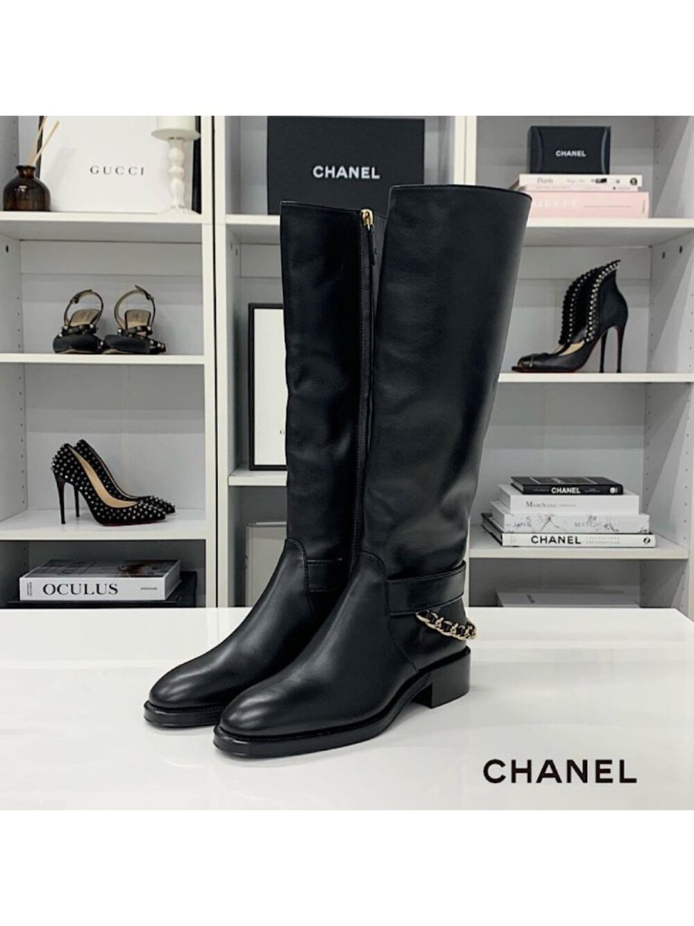 Chanel CC Logo Leather Chain Long Boots Black